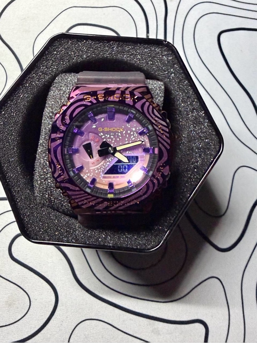 G-Shock Purple Zebra-Pattern Digital-Analog Watch with Gold Accents